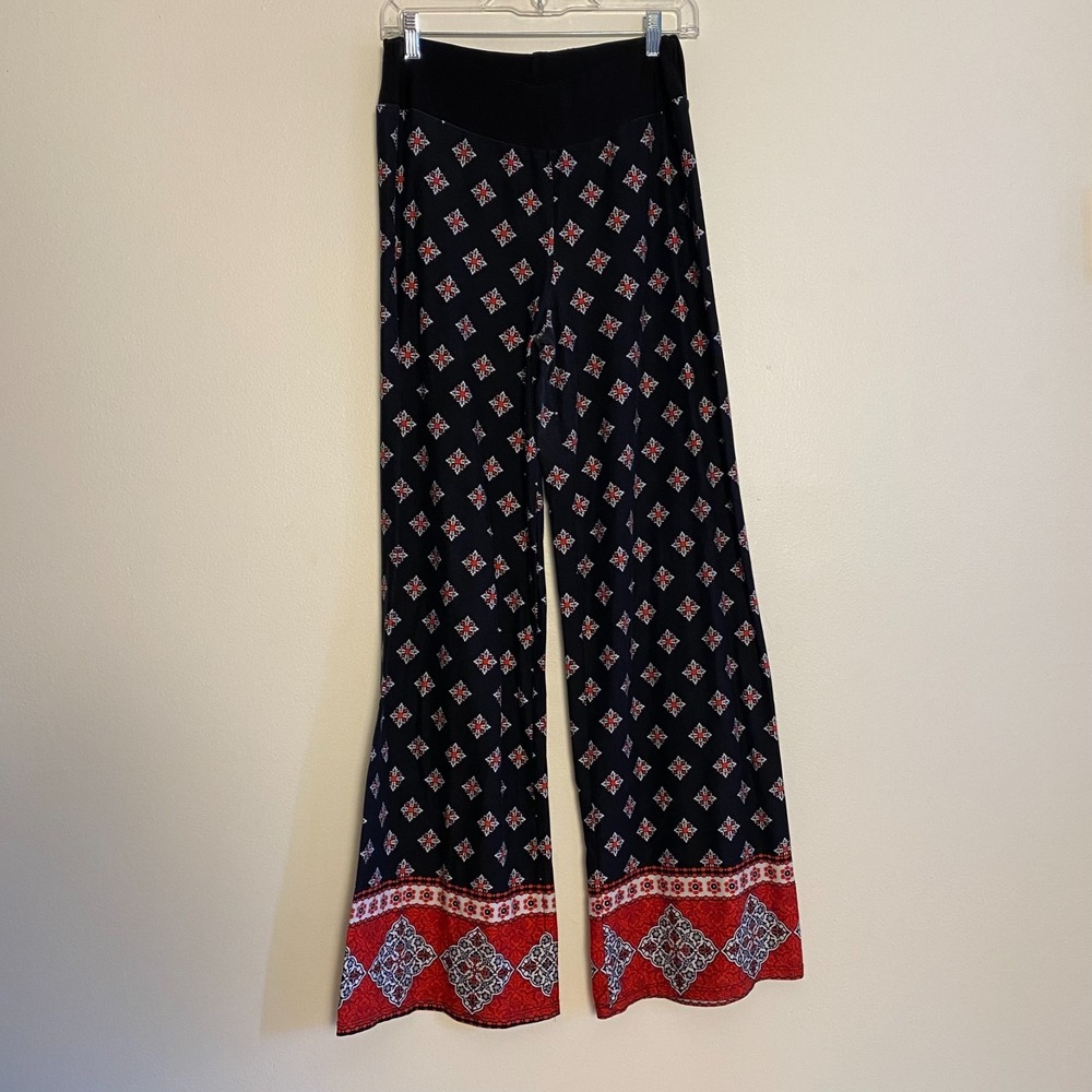 ASHLEY‎ BLUE Black Colorful Pants Pull On Size L Bohemio Hippie
